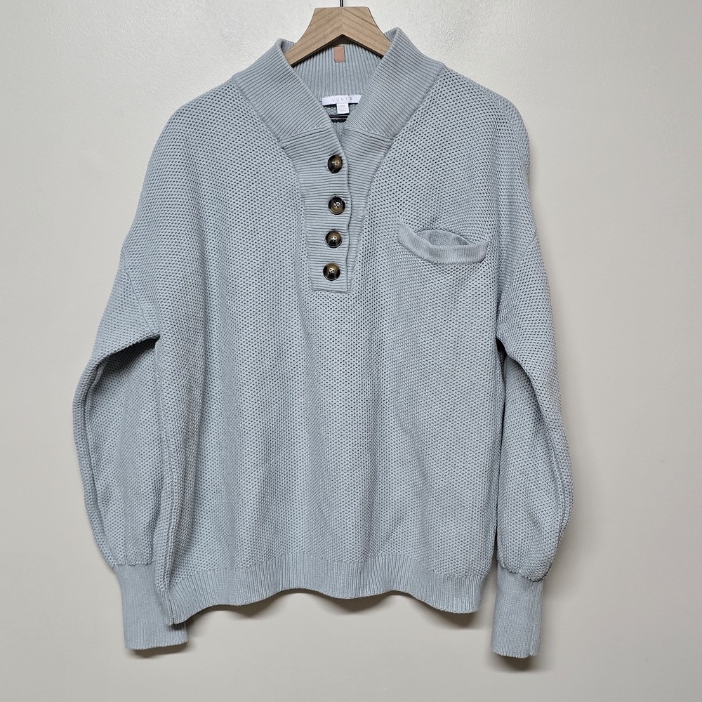 LUNYA Cozy Organic Cotton Blend Pocket Henley Sweater Women's L/XL Baby Blue